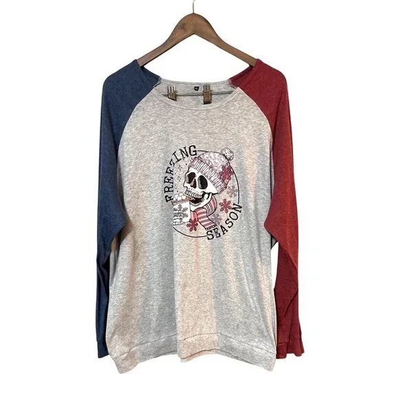 Freezing Season Graphic Long Sleeve Raglan Teeshirt 4XL Red/Blue/Grey Colorblock - Picture 1 of 7